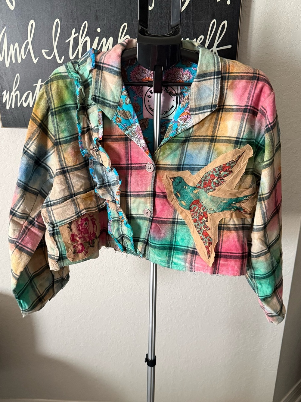 A Rare Bird Plaid Cropped Jacket with Bird Appliqué NWT